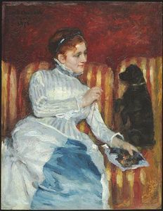 Woman on a Striped Sofa with a Dog