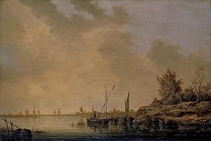 A River Scene with Distant Windmills