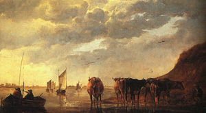 牧民 与  奶牛  通过  一个  河