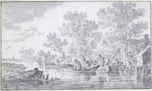 River scene avec chalet au milieu des arbres et des bateaux par un petit quai