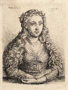Donna con una corona di foglie di quercia , dopo schongauer . Stato 1