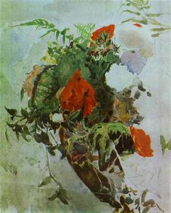 flores rojas y las hojas of Begonia en una cesta