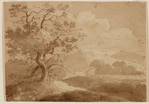 Large Trees in Foreground, Two Figures, House, lake and Mountains