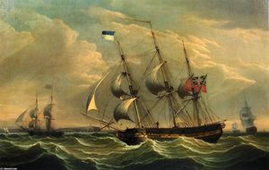 Full Rigged Ships and a Brig off the Coast of England