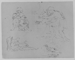 bambino con il cane ; due figure in encounter ; due figure e bambini assistere a dying maschio ; figura sul letto di morte