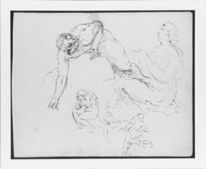 nude man leaning su roccia ; seduta figura femminile ; nudo seduto figura femminile con le mani a faccia ; due uomini che trasportano dead body