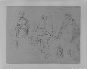 Una donna in piedi; Due donne sedute in abbigliamento alla moda; Due teste femminili in Bonnets