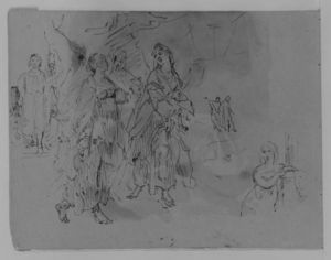 Seven Figures. Advancing Monarch, Three Promenading Women, Half-length Woman Leaning on a Mantelpiece