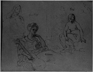 schizzi di donne ; Verso . donna seduta leggere in un paesaggio ; due seduti donne