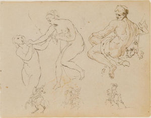 due nudi femminili ; seduti male nude ; tre figure equestri