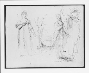 due donne in piedi di accompagnamento un apertura su un paesaggio , due pedistals con urne a destra