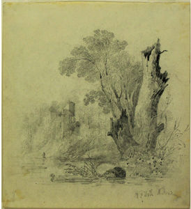 Riverside Paesaggio con rovine e Tree Stump