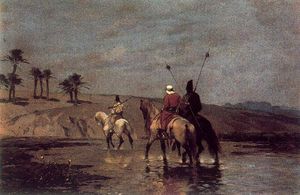 Arab Horsemen Crossing A River