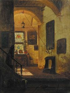 A sunlit interior with a servant coming down the stairs