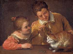 Two Children Teasing a Cat