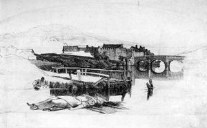 Вид Bishop's Мост , Норвич , с телом на береговой полосе