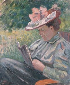 Mme Guillaumin lisant dans le jardin
