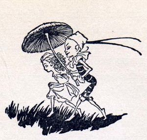 キノコの傘を持つエルフと妖精