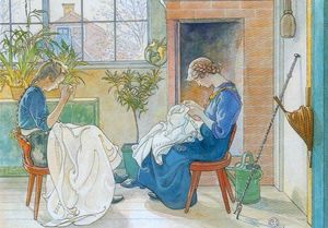 Girls Sewing At The Window