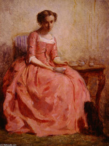 Girl in a Pink Dress Reading, with a Dog