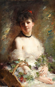 молодая женщина с цветочная корзина