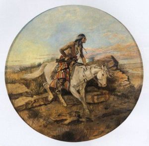 Indian on White Horse with Gun