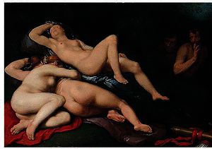 Diana dormir avec ses nymphes , espionné par des satyres