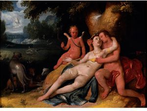 Vénus et Adonis avec  Cupidon  dans  une  Paysage