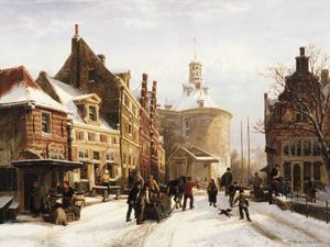 A view of the Zuiderspui, Enkhuizen, in winter with the Drommedaris beyond