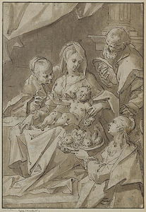 святое семейство со святой доротеи предлагая фрукты ребенку христа