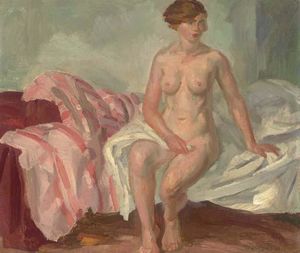 裸体，粉色条纹床罩