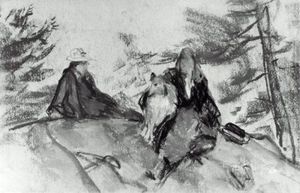 Figures in landscape with collie dog