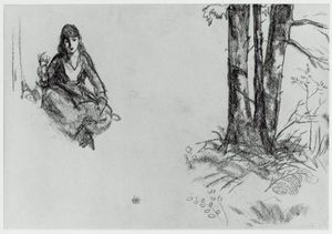 風景 の研究 座っている 少女 と 木