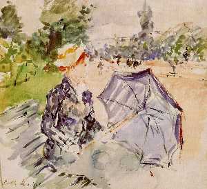夫人与遮阳伞  坐在  在  一个  公园
