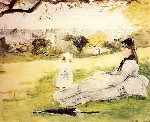女性  和  孩子 坐在  在  一个  草甸