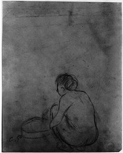 Crouching Nude Female Figure by Small Tub