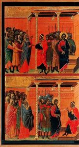 La Maestá. Cristo acusado por los fariseos y Cristo interrogado por Pilatos