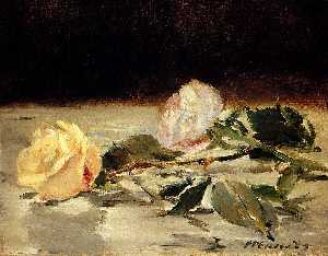 dois rosas  sobre  uma  toalha de mesa