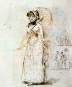 Young Woman Taking a Walk, Holding an Open Umbrella