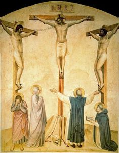 Crucifixión con los dos ladrones, la Virgen María, San Juan, Santo Domingo y Santo Tomás de Aquino