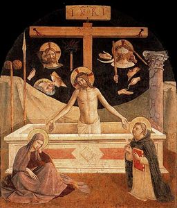 Jesús en el sepulcro con la virgen maría y santo tomás von Aquino