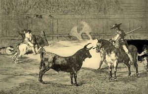 el celebre fernando del toro , barilarguero , obligando un la fiera contro su garrocha