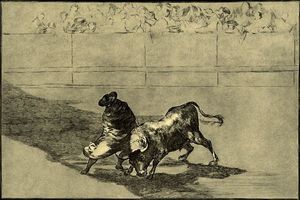 El diestrísimo estudiante von Falces , embozado burla al toro con sus quiebros