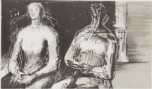 Dos figuras sentadas contra  Un  columna