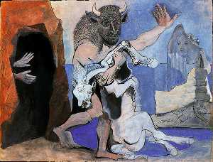 Minotauro y yegua muerta delante de una gruta y niña con velo