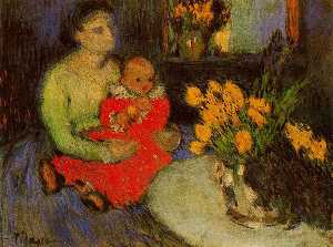la madre y el niño con flores