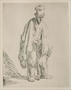 A Beggar Standing and Leaning on a Stick