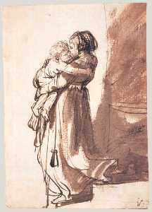 A Woman and Child Descending a Staircase