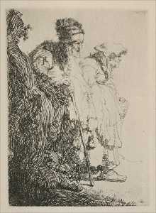 Two Beggars, a Man and a Woman, Coming from Behind a Bank