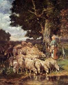 Пастушка с ее Flock у ручья